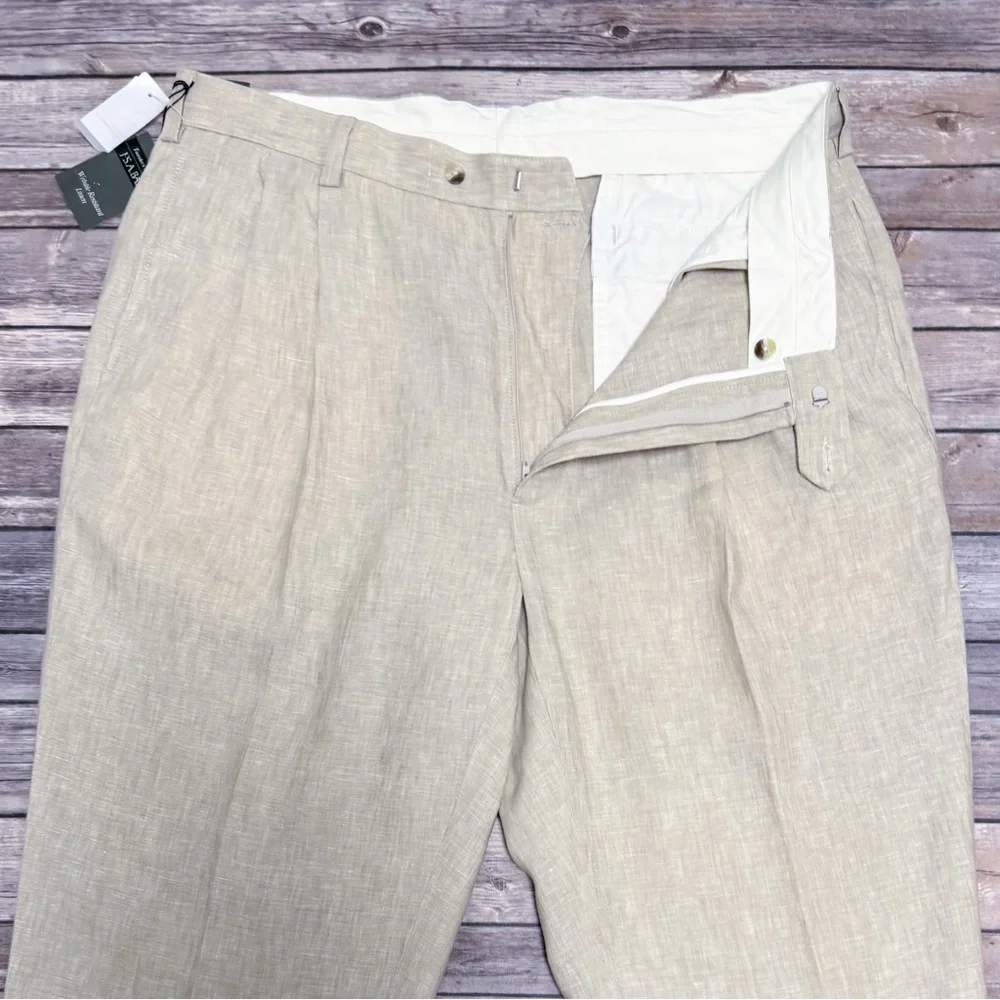 Jos A Bank Beige White Linen Woven Pleated Cuffed Dress Pants New 40 X 30
